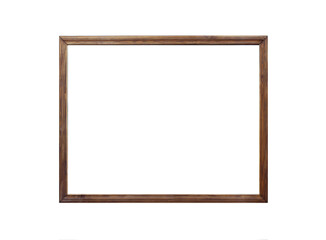 Classic wooden frame isolated on white background. Narrow brown template. Mockup for photos or...