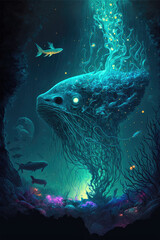 Giant fish monster in ocean, surreal digital illustration. Bioluminiscence, luminous light under water. Dreamlike, otherworldly sea creatures. AI generative.