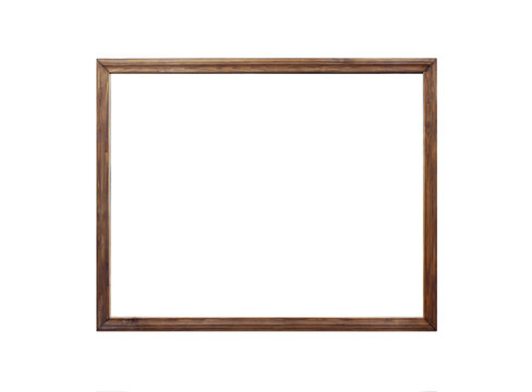 Classic wooden frame isolated on white background. Narrow brown template. Mockup for photos or pictures. Front view. Real photo.