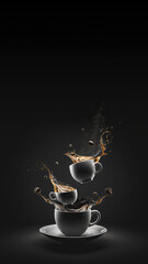 Coffee splashes in flying ceramic cups, black wallpaper for social media stories, copy-space. AI generative illustration, generated by AI.