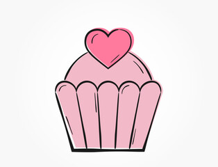pink cake with heart. romantic and love symbol. hand drawn valentine's day design