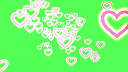 Stream of hearts on a green screen. 3D animation. Video for Valentine's Day. Video background for valentine's day. Love background. Pink neon hearts. Romantic background.