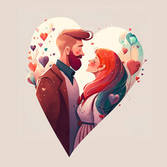 A couple in love in a heart frame. A young man and a woman kiss. February 14 illustration valentine portrait of romance couple. Valentine's Day