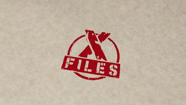 X Files stamp and hand stamping impact animation. Secret mystery investigation and conspiracy 3D rendered concept.