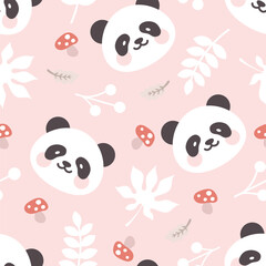 cute panda bear on a pink background with leaves and mushrooms, kids kawaii woodland animals seamless pattern for fabric and textile print, colorful forest wrapping paper design