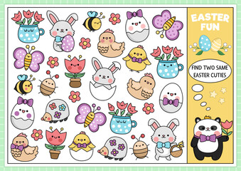 Find two same kawaii cuties. Easter matching activity for children. Spring holiday educational quiz worksheet for kids for attention skills. Simple printable game with egg, animals, flowers.
