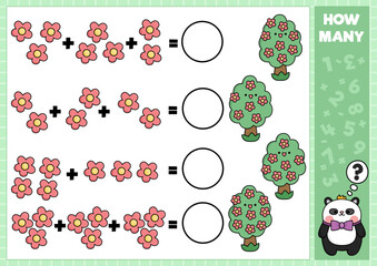 Spring matching game with cute kawaii blossoming trees. Garden math activity for preschool kids. Educational printable Easter counting worksheet with flowers.