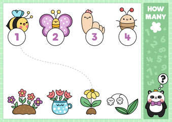 Spring matching game with cute kawaii flowers and insects. Elementary garden math activity for preschool kids. Educational printable Easter counting worksheet with cartoon characters.