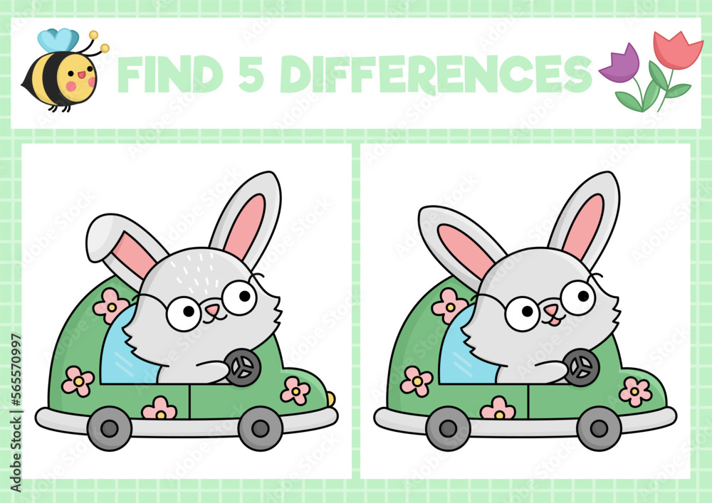 Wall mural easter kawaii find differences game for children. attention skills activity with cute bunny driving  - Wall murals