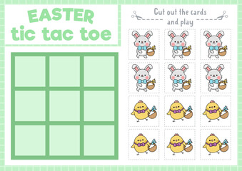 Vector Easter tic tac toe chart with bunny and chick. Kawaii board game playing field with cute characters. Funny spring holiday printable worksheet. Noughts and crosses grid .