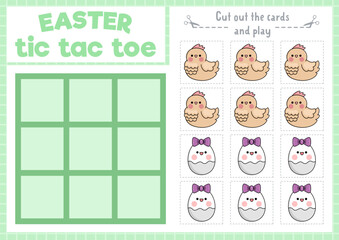Obraz premium Vector Easter tic tac toe chart with hen and egg. Kawaii board game playing field with cute characters. Funny spring holiday printable worksheet. Noughts and crosses grid .