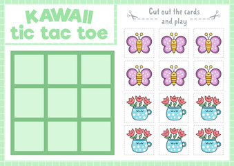 Vector garden tic tac toe chart with batterfly and tulips in pot. Easter kawaii board game playing field with cute characters. Funny spring holiday printable worksheet. Noughts and crosses grid .