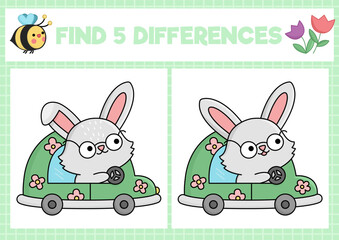 Easter kawaii find differences game for children. Attention skills activity with cute bunny driving green car. Spring holiday puzzle for kids. Printable what is different worksheet.