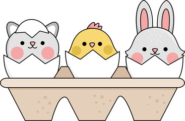 Obraz premium Vector packaging with eggs and hatching kawaii animals. Easter illustration with cute cat, chick and bunny sitting in shell. Cute spring icon for kids.