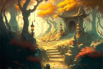 A mystical and serene golden landscape made with Generative AI