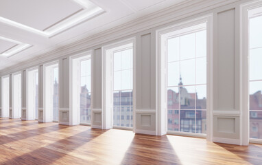 Classical renovated interior with classic big windows and wooden floor