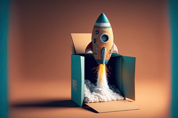 Illustration of rocket coming out of cardboard box, background. Generative AI