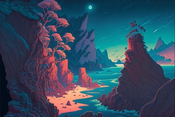 Romantic night time landscape, island coastline inspired by hawaii, made with generative AI