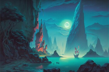 Romantic night time landscape, island coastline inspired by hawaii, made with generative AI