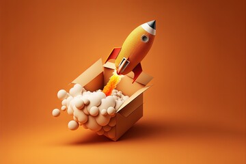 Illustration of rocket coming out of cardboard box, orange background. Generative AI