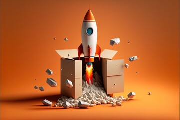 Illustration of rocket coming out of cardboard box, orange background. Generative AI - obrazy, fototapety, plakaty