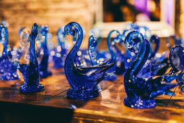 Murano glass exhibition of handmade glassware at workshop in Murano, Italy