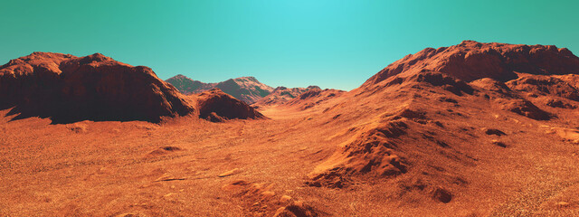 Fototapeta na wymiar Mars landscape, 3d render of imaginary mars planet terrain, science fiction view of planet mars illustration.