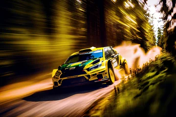 Photo sur Plexiglas Voitures Rally racing car in forest in motion  with dust trail and glowing lens flare on background.   Digitally generated AI image.