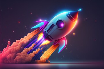 Illustration of rocket taking off, startup concept, background with neon lights. Generative AI