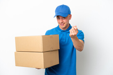 Young delivery Brazilian man isolated ops white background making money gesture