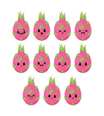 Dragon fruit set with kawaii emoji. Flat design vector illustration of dragon fruit on white bakground	