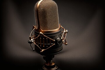 Studio microphone illustration for podcast, black background. Generative AI