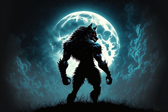 Werewolf warrior illustration in the night, anime manga style. Generative AI