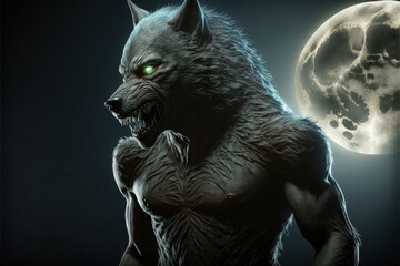 Werewolf illustration at night, with full moon in the background. Generative AI