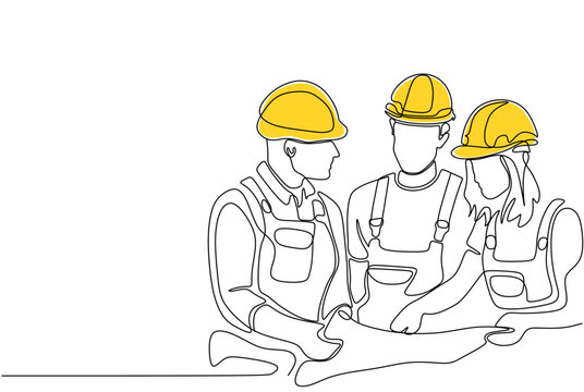 One Line Drawing Of Male And Female Building Builder Groups Wearing Helmet. Great Team Work Concept. Trendy Continuous Line Draw Design Graphic Vector Illustration