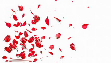 Red roses petals falling on isolated white background. Valentines love marriage concept. Wedding invitation card overlay elements.  Confetti petals. Copy space. Generative ai