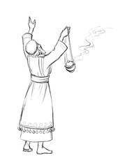 Pencil drawing. The priest lifts up the incense before God