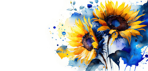 Yellow and blue sunflowers in splashes of watercolor as Ukraine flag colors and Ukrainian culture symbol generative AI art banner with copy space