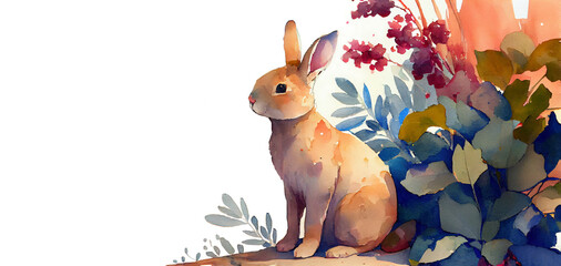 Watercolor painting of rabbit banner with copy space as illustration of Easter bunny in flowers generative AI art