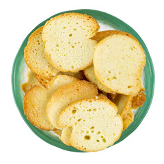 Crackers bruschetta with spices in glass bowl  isolated on white background. Top view.