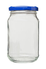 Empty jar with blue cap for food and canned food. Isolated on white background. File contains clipping path.