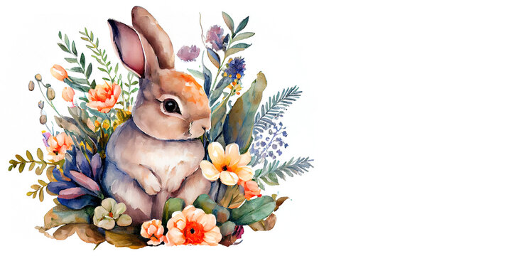 Watercolor painting of rabbit banner with copy space as illustration of Easter bunny hiding in flowers generative AI art	
