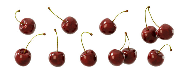 Fruit and healthy food concept. Red cherry isolated on transparent background. 3d rendering illustration. PNG format