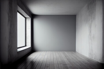 Muted interior room with concrete walls, wooden floorboards, and a single window, created with Generative Al technology