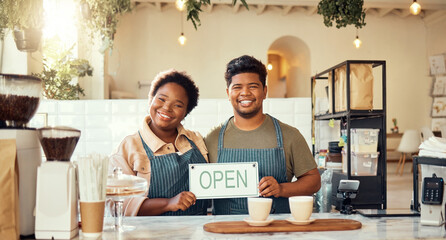 Portrait, couple and open sign by restaurant owners happy at coffee shop or cafe in support...