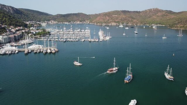 Aerial view of tourist ship crossing Fethiye Marina in Turkey