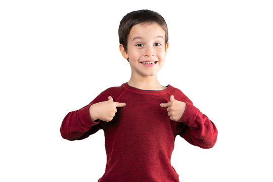 Child wearing red t-shirt over white isolated background looking confident with smile on face, pointing oneself with fingers proud and happy.