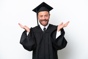Middle age university graduate man isolated on white background with shocked facial expression