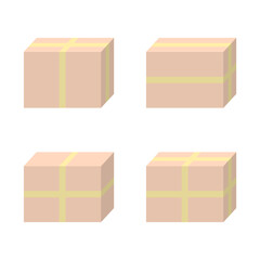 Set brown close paper cardboard parcel box package tape icon flat vector design