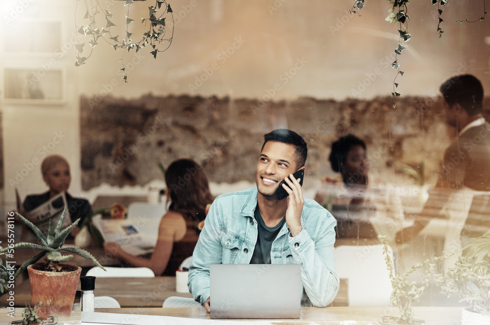 Poster coffee shop, phone call and business man through cafe window sitting with laptop talking. mobile com